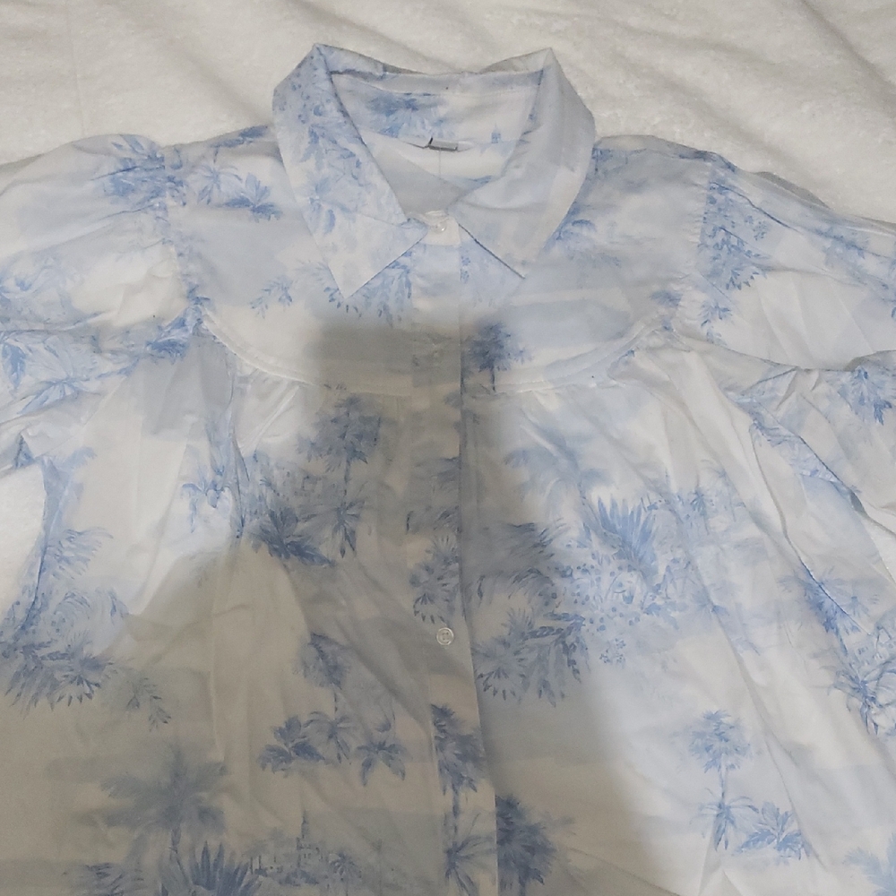 Blue Print Button-Up Blouse